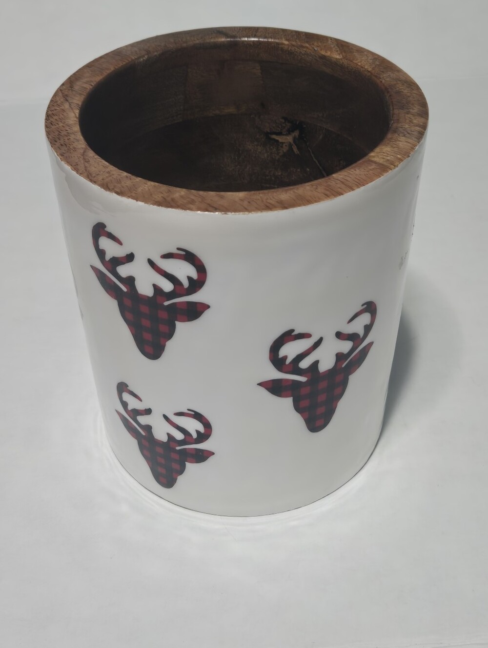Farmhouse utensil holder, wooden red and black buffalo check deer print kitchen